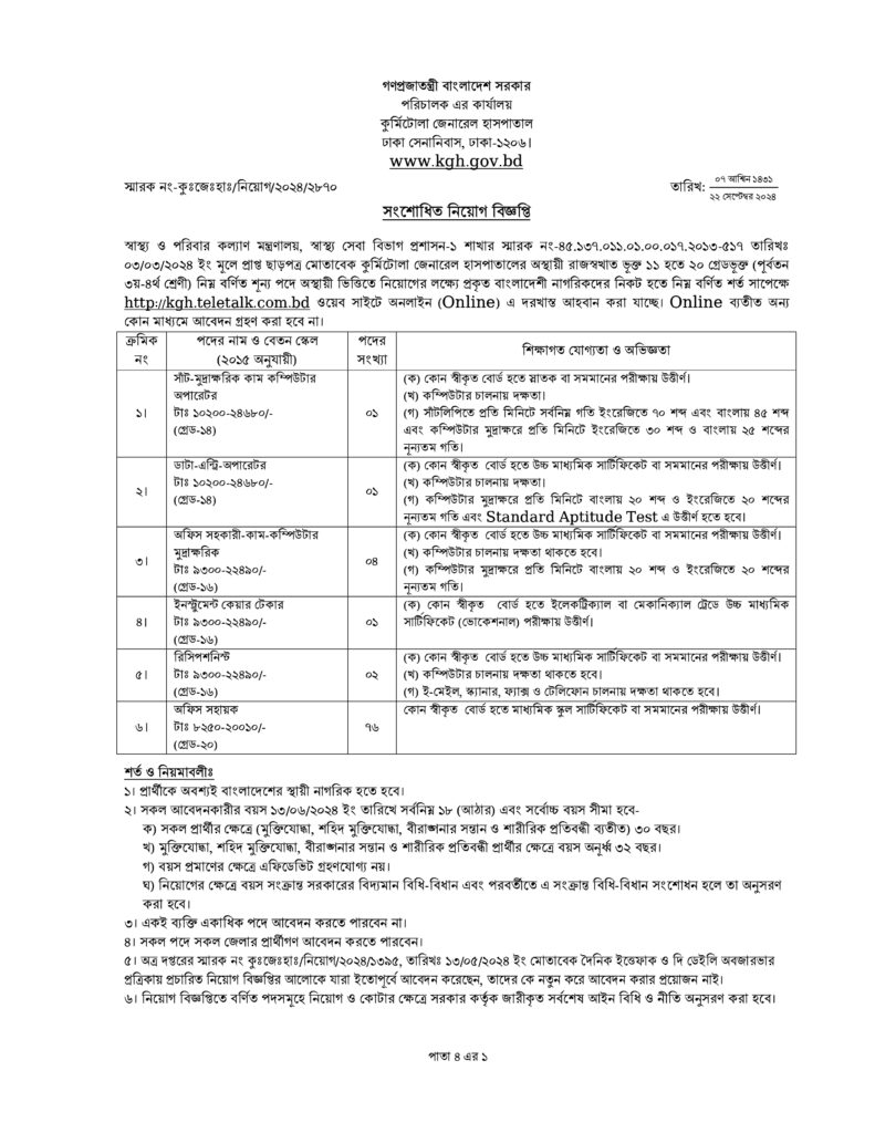 Kurmitola General Hospital Job Circular Page  1