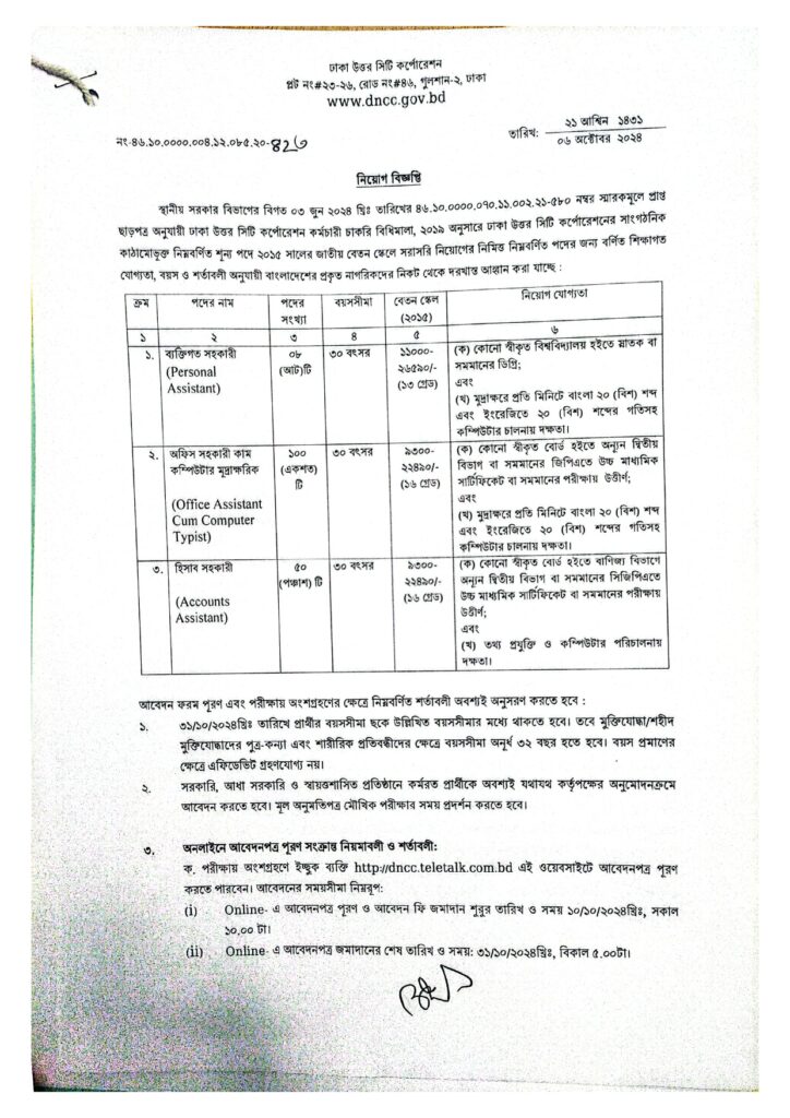 ঢাকা উত্তর সিটি কর্পোরেশন চাকরির বিজ্ঞপ্তি DNCC Job Circular 2024 page 1