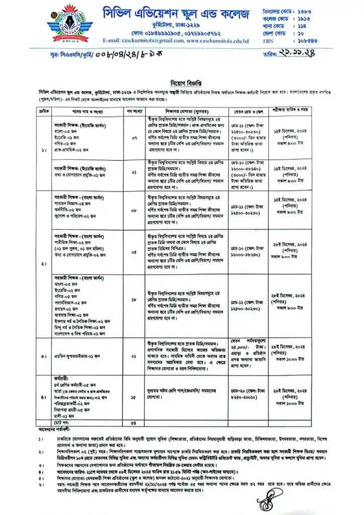 সিভিল এভিয়েশন স্কুল অ্যান্ড কলেজ নিয়োগ বিজ্ঞপ্তি 1