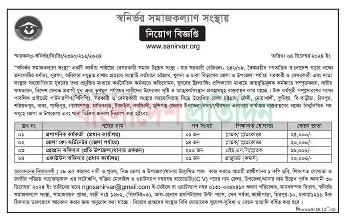 ajker chakrir khobor স্বনির্ভর সমাজকল্যাণ সংস্থায় নিয়োগ বিজ্ঞপ্তি