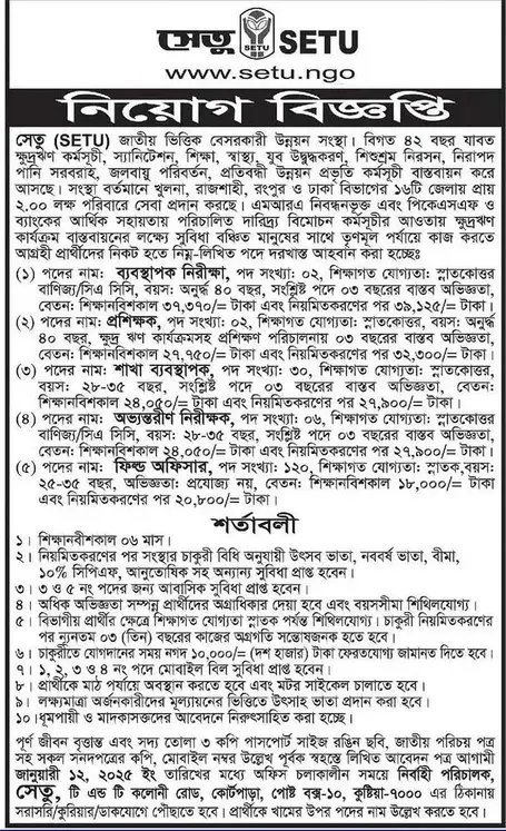 বেসরকারি চাকরির খবর। সেতু (SETU) জাতীয় ভিত্তিক বেসরকারী উন্নয়ন সংস্থা।