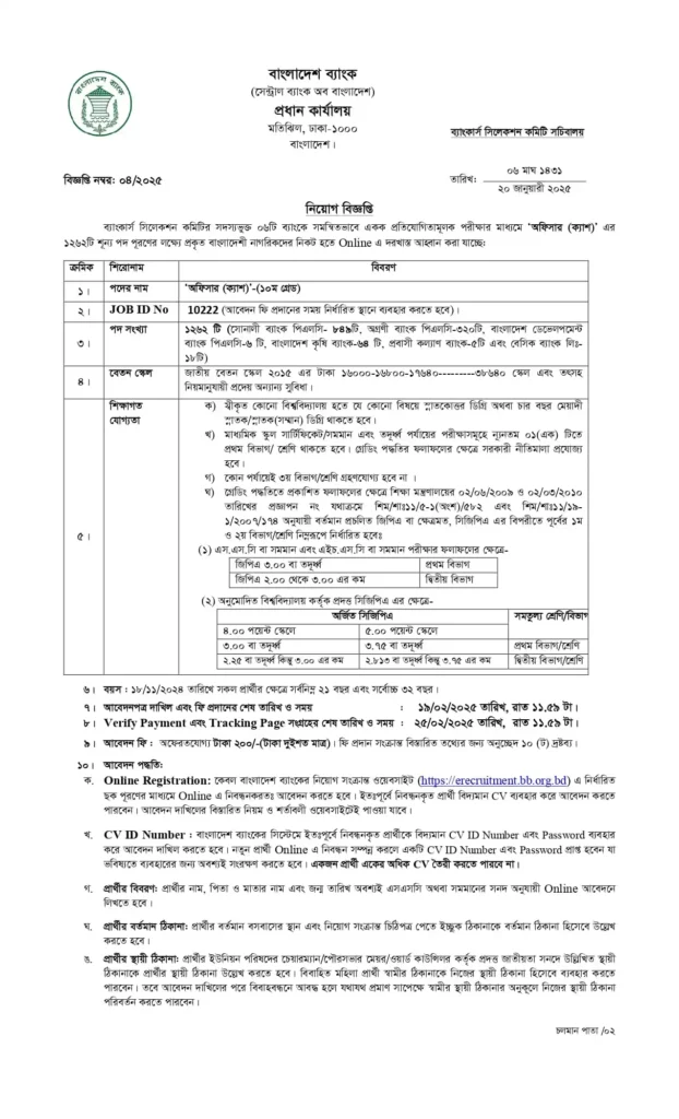 Bangladesh Bank Circulars  বাংলাদেশ ব্যাংক নিয়োগ পদ ১২৬২। 1