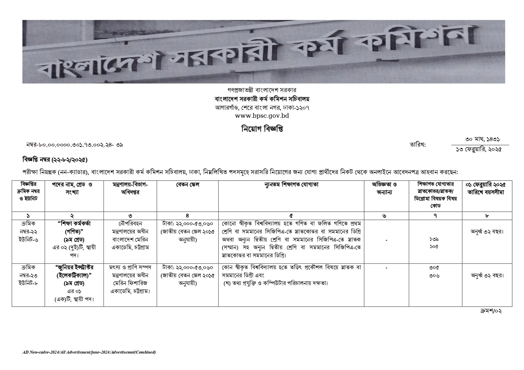 BPSC Circular 2025। সরকারি কর্ম কমিশন নন ক্যাডার নিয়োগ বিজ্ঞপ্তি ২০২৫। 19