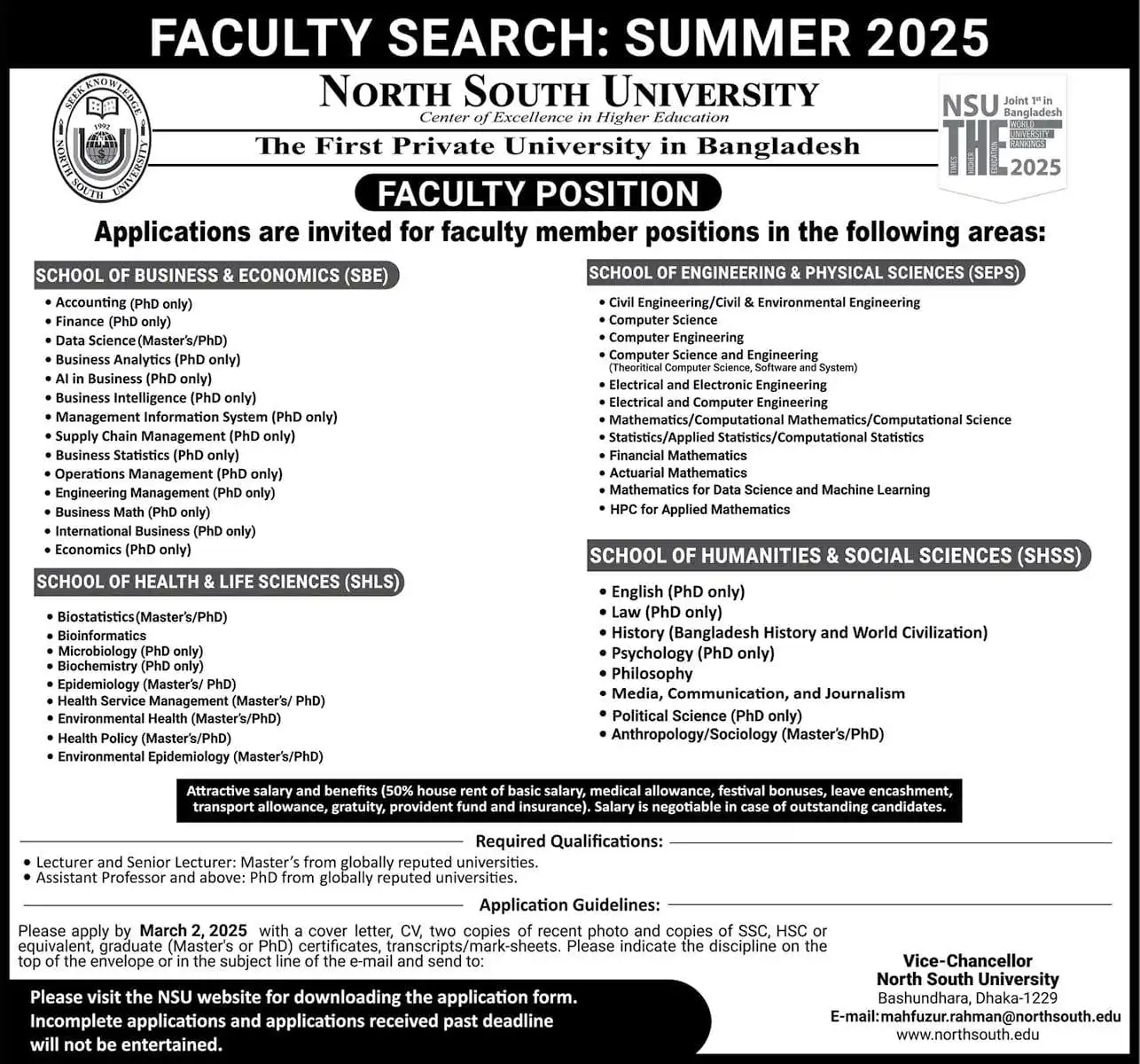 North South University Job Circular 2025। নর্থ সাউথ ইউনিভার্সিটি নিয়োগ বিজ্ঞপ্তি ২০২৫। ১