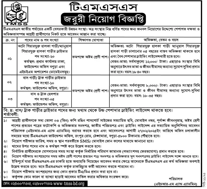 TMSS NGO Job Circular 2025। টিএমএসএস এনজিও নিয়োগ বিজ্ঞপ্তি ২০২৫। ১