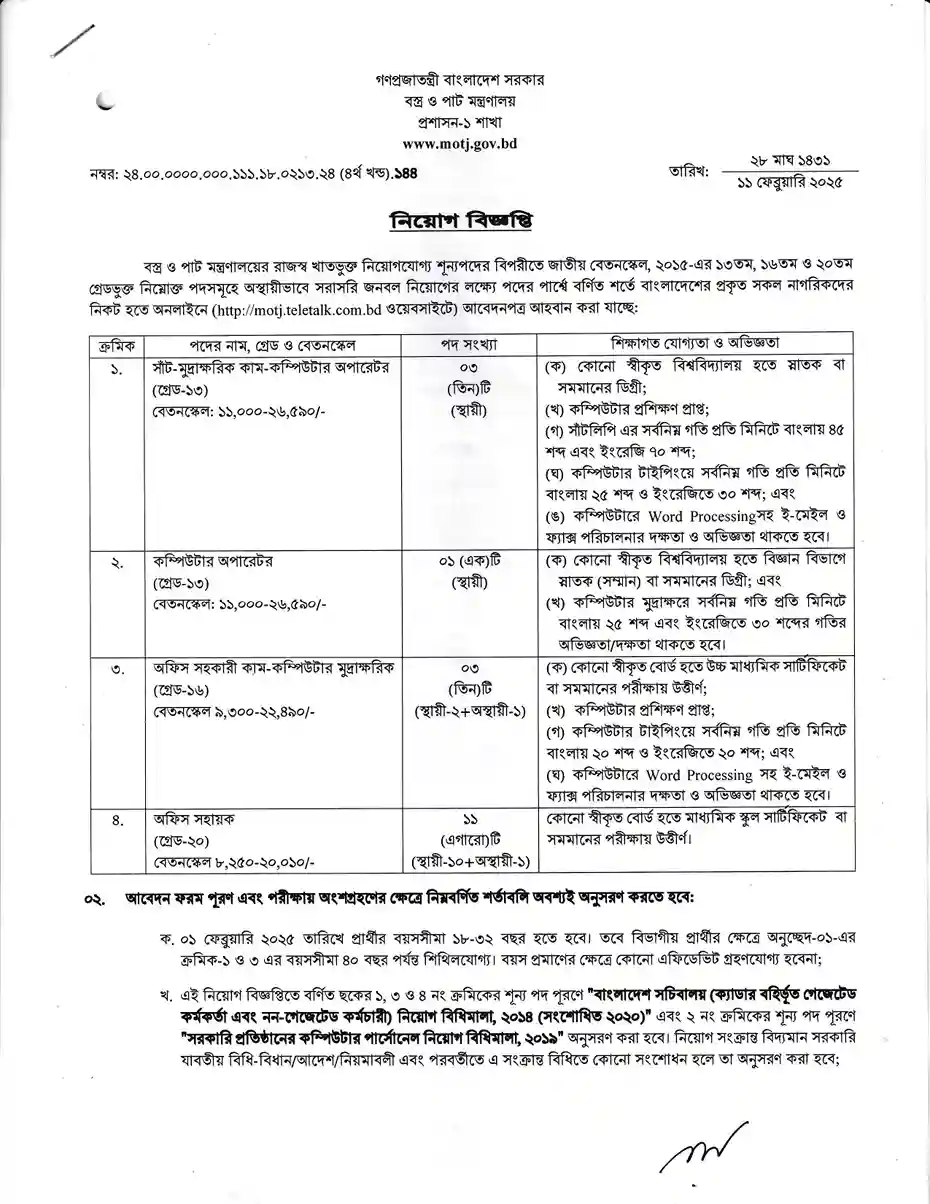 বস্ত্র ও পাট মন্ত্রণালয় নিয়োগ বিজ্ঞপ্তি ২০২৫। Govt Job Circular 2025। ১
