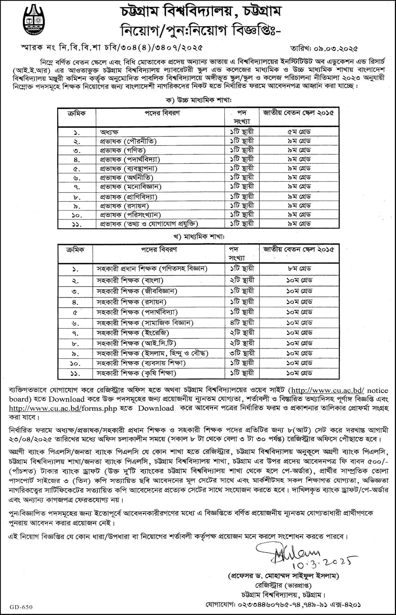 CU Job Circular 2025। চট্টগ্রাম বিশ্ববিদ্যালয় (চবি) নিয়োগ বিজ্ঞপ্তি ২০২৫। 1