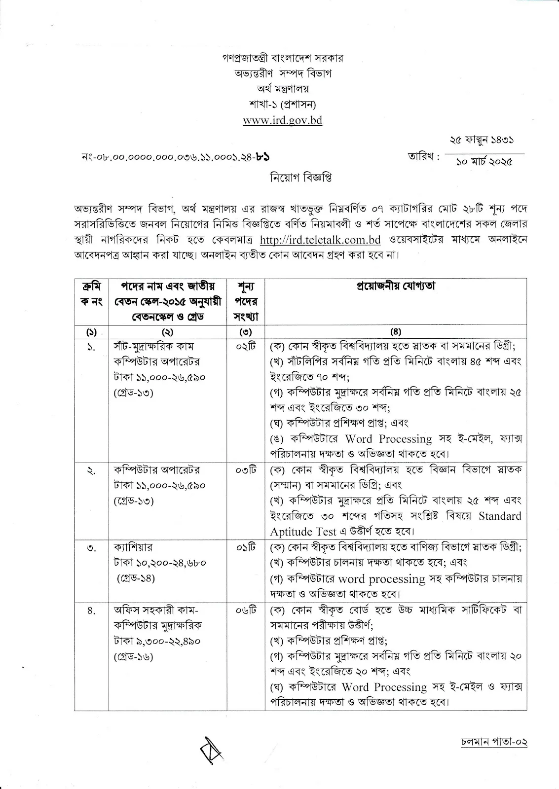 IRD Job Circular 2025। অভ্যন্তরীণ সম্পদ বিভাগ নিয়োগ বিজ্ঞপ্তি ২০২৫। ১