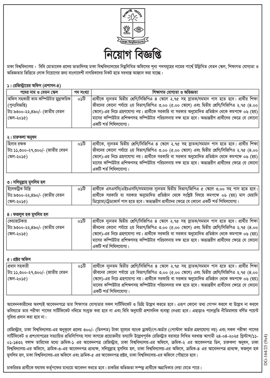 Recent Govt Job Circular 2025। ঢাকা বিশ্ববিদ্যালয় নিয়োগ বিজ্ঞপ্তি ২০২৫। 1