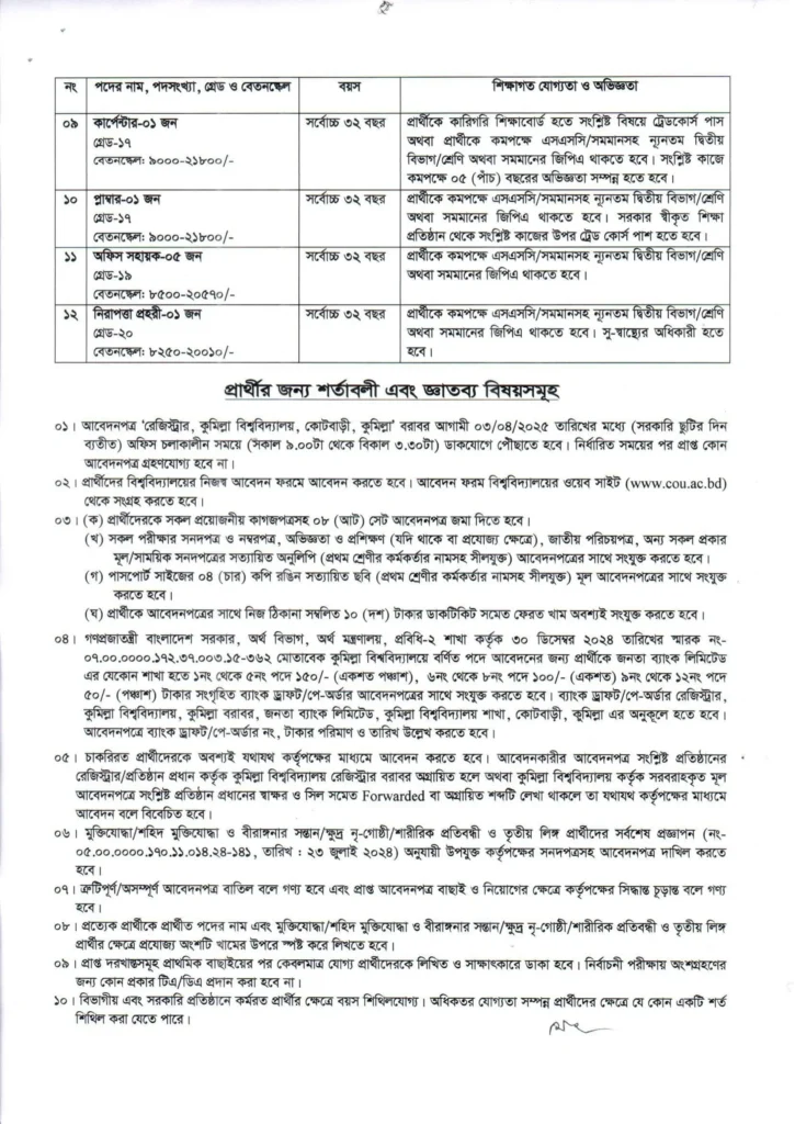 কুমিল্লা বিশ্ববিদ্যালয় নিয়োগ বিজ্ঞপ্তি ২০২৫। Comilla University Job। 3