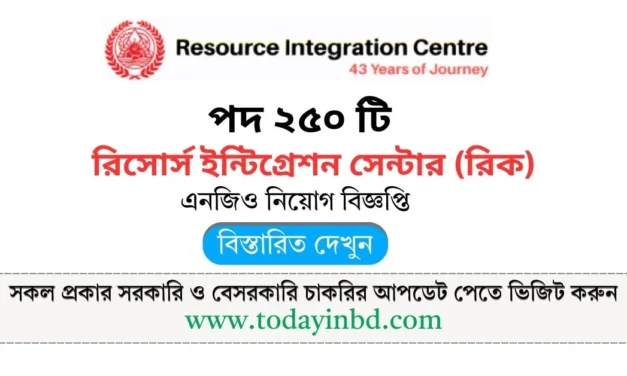 রিসোর্স ইন্টিগ্রেশন সেন্টার (রিক) নিয়োগ পদ ২৫০ টি। এনজিও জব সার্কুলার।