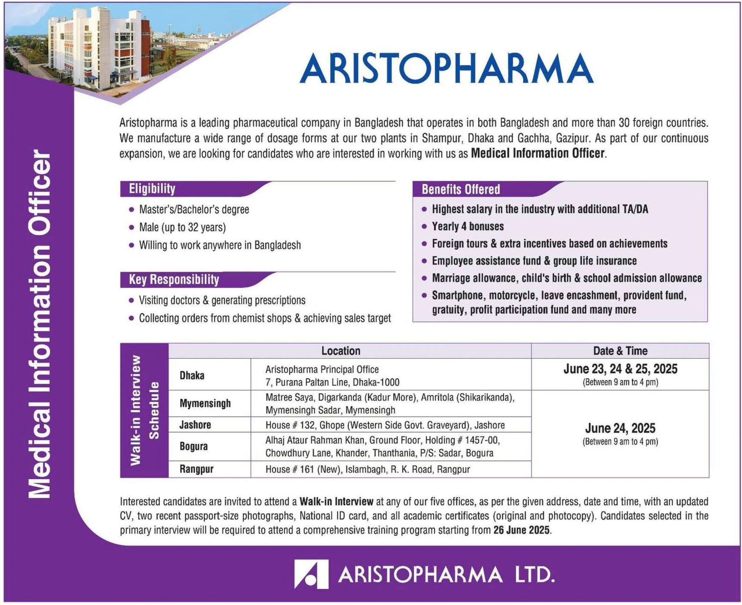 aristopharma job circular
