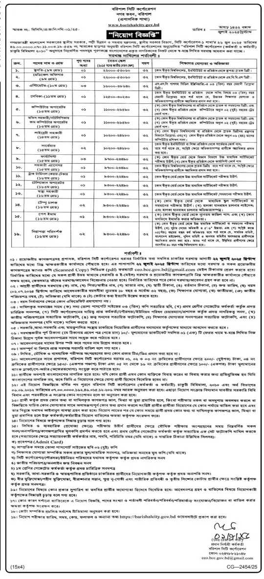 Barisal City Corporation Job Circular 2025 - বরিশাল সিটি কর্পোরেশন নিয়োগ বিজ্ঞপ্তি ২০২৫। ১