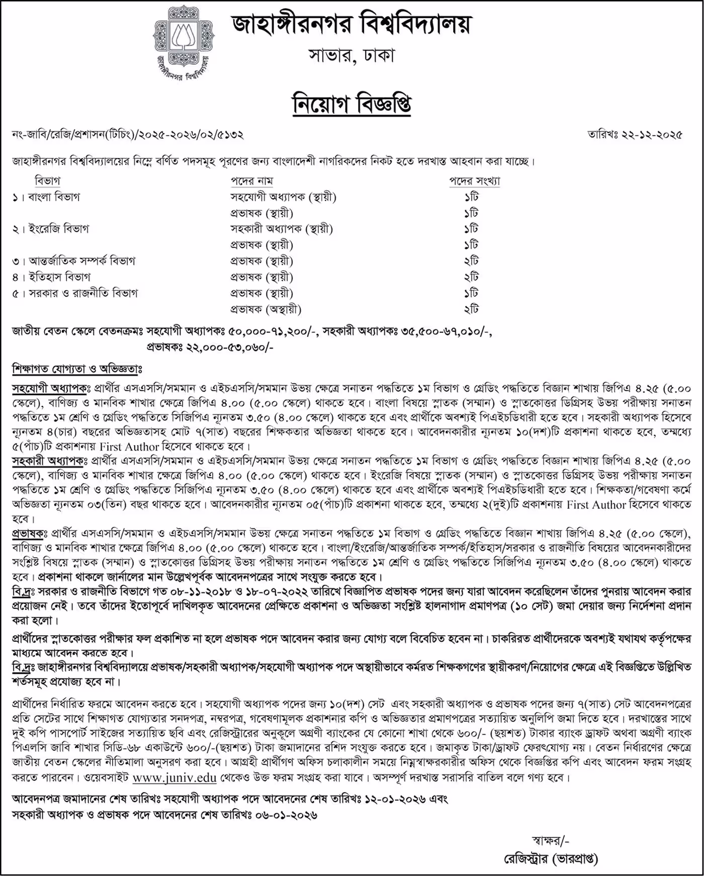 Jahangirnagar University Job Circular 2026 - জাহাঙ্গীরনগর বিশ্ববিদ্যালয় নিয়োগ বিজ্ঞপ্তি ২০২৬। ২