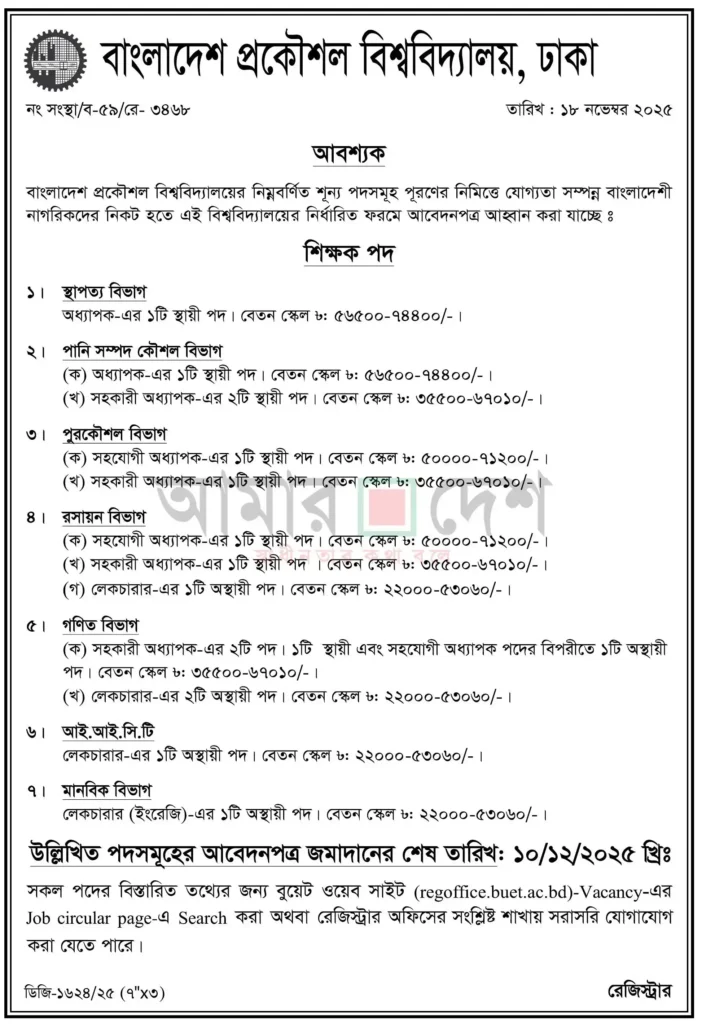 বাংলাদেশ প্রকৌশল বিশ্ববিদ্যালয় (বুয়েট) নিয়োগ বিজ্ঞপ্তি ২০২৫। 2