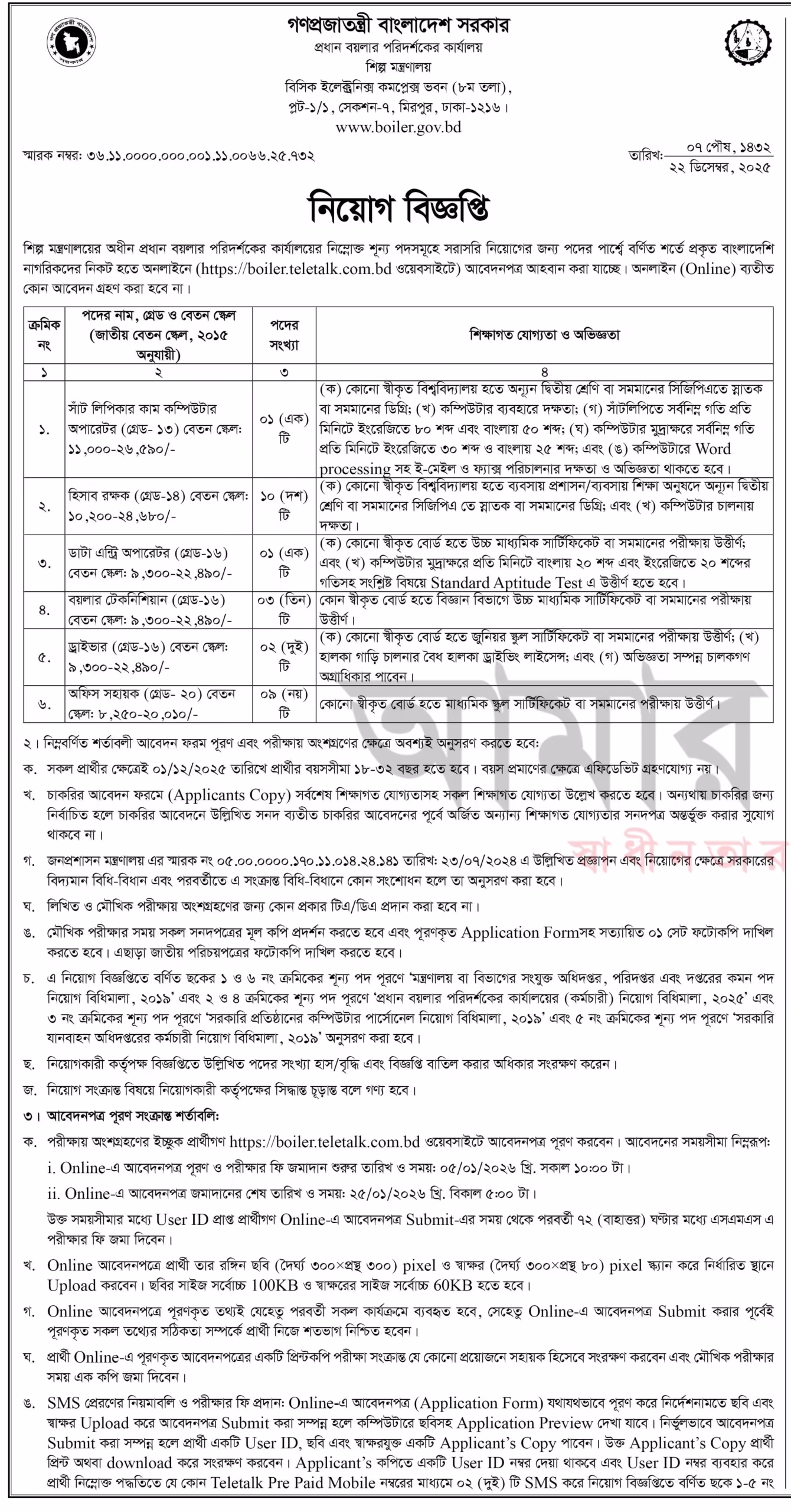 প্রধান বয়লার পরিদর্শকের কার্যালয় নিয়োগ বিজ্ঞপ্তি ২০২৬-BOILER Job Circular 2026। ২