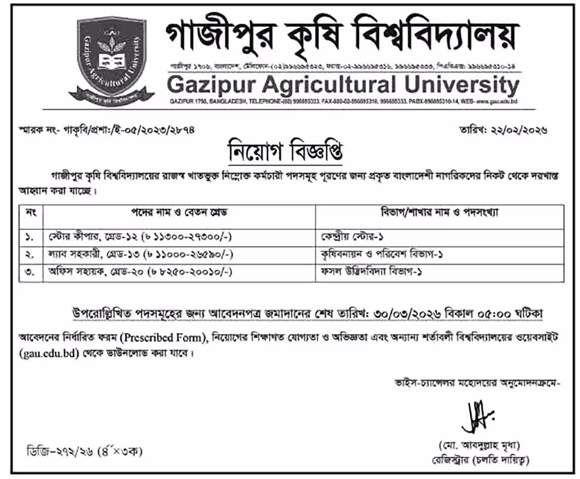 Gazipur Agricultural University Job Circular 2026-গাজীপুর কৃষি বিশ্ববিদ্যালয় নিয়োগ বিজ্ঞপ্তি ২০২৬-01