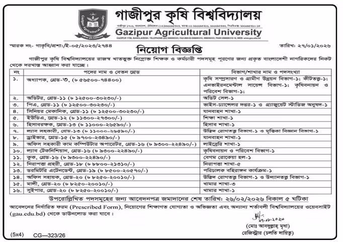 গাজীপুর কৃষি বিশ্ববিদ্যালয় নিয়োগ বিজ্ঞপ্তি ২০২৬ - Job Circular 2026। ২