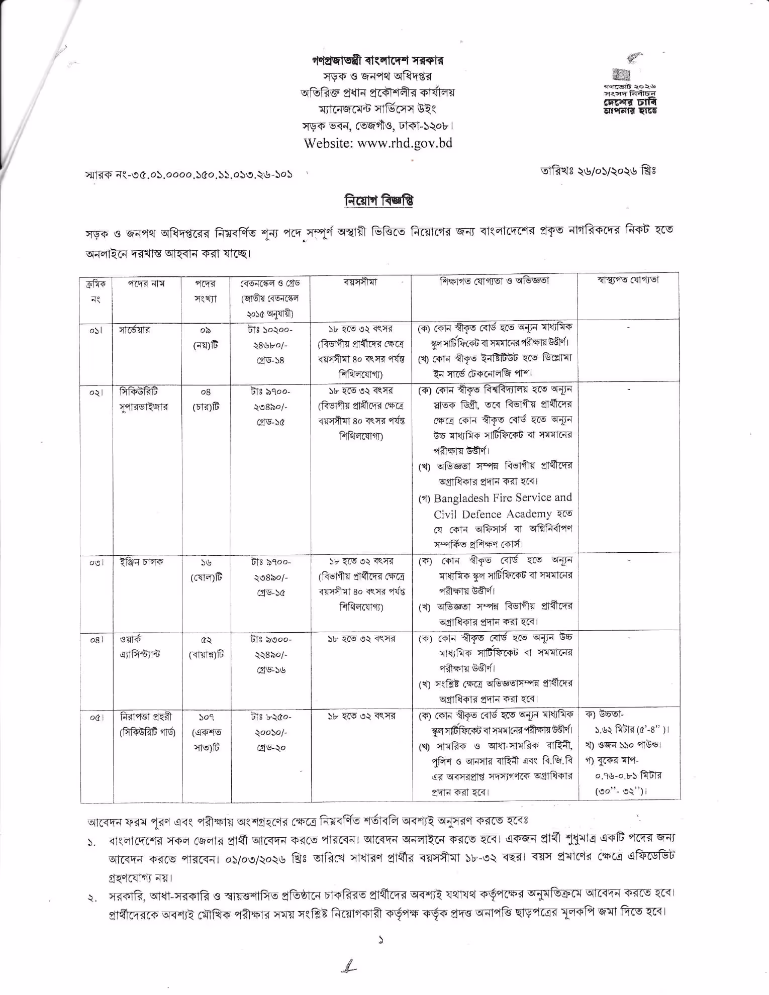 সড়ক ও জনপথ অধিদপ্তর নিয়োগ বিজ্ঞপ্তি ২০২৬ - Job Circular 2026। ২