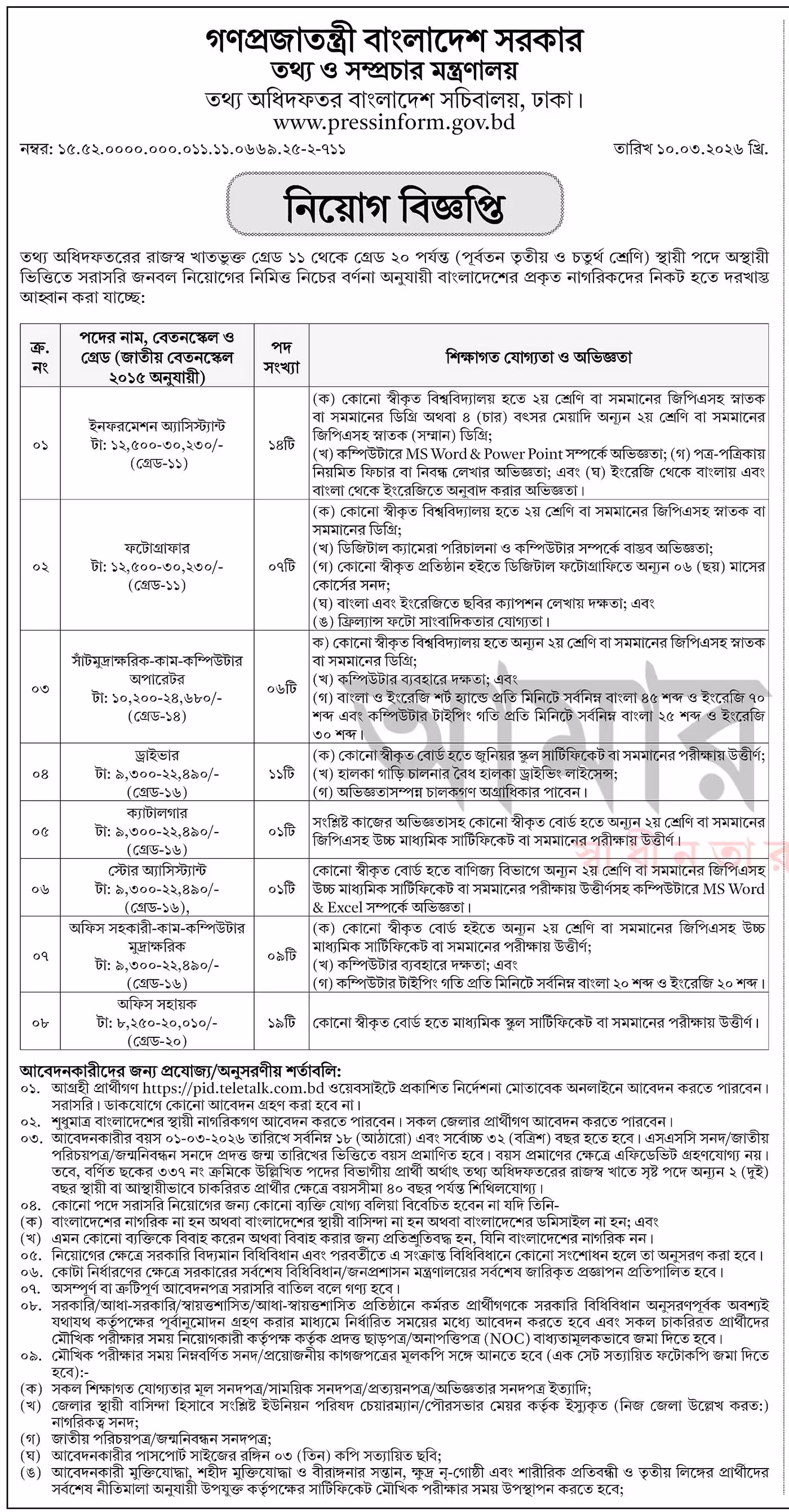 Press Information Department Job Circular 2026 তথ্য অধিদফতর নিয়োগ বিজ্ঞপ্তি ২০২৬। 1