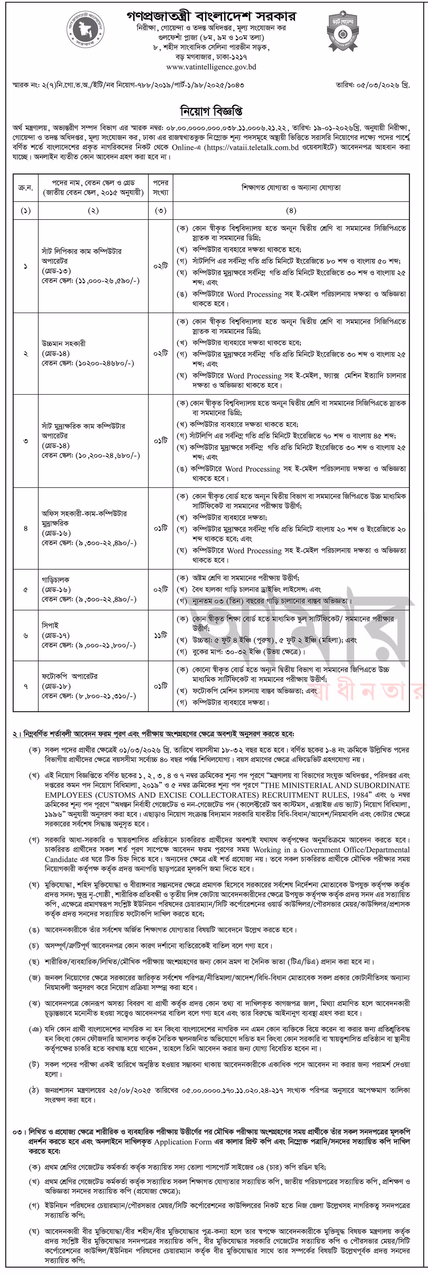 ভ্যাট গোয়েন্দা নিয়োগ বিজ্ঞপ্তি ২০২৬-Vat Intelligence VATAII govt Job Circular 2026। ২