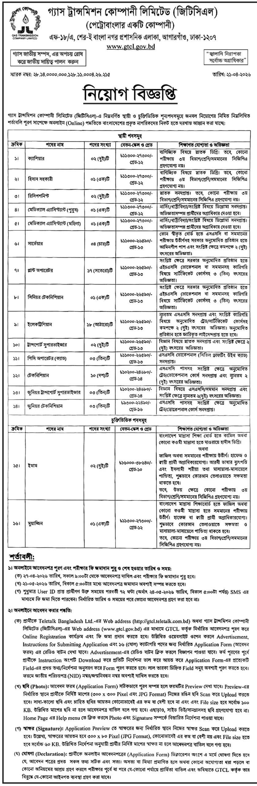 Gas Transmission Company Limited Job Circular 2026 ৭১ পদে সরকারি চাকরির নিয়োগ। 01 scaled