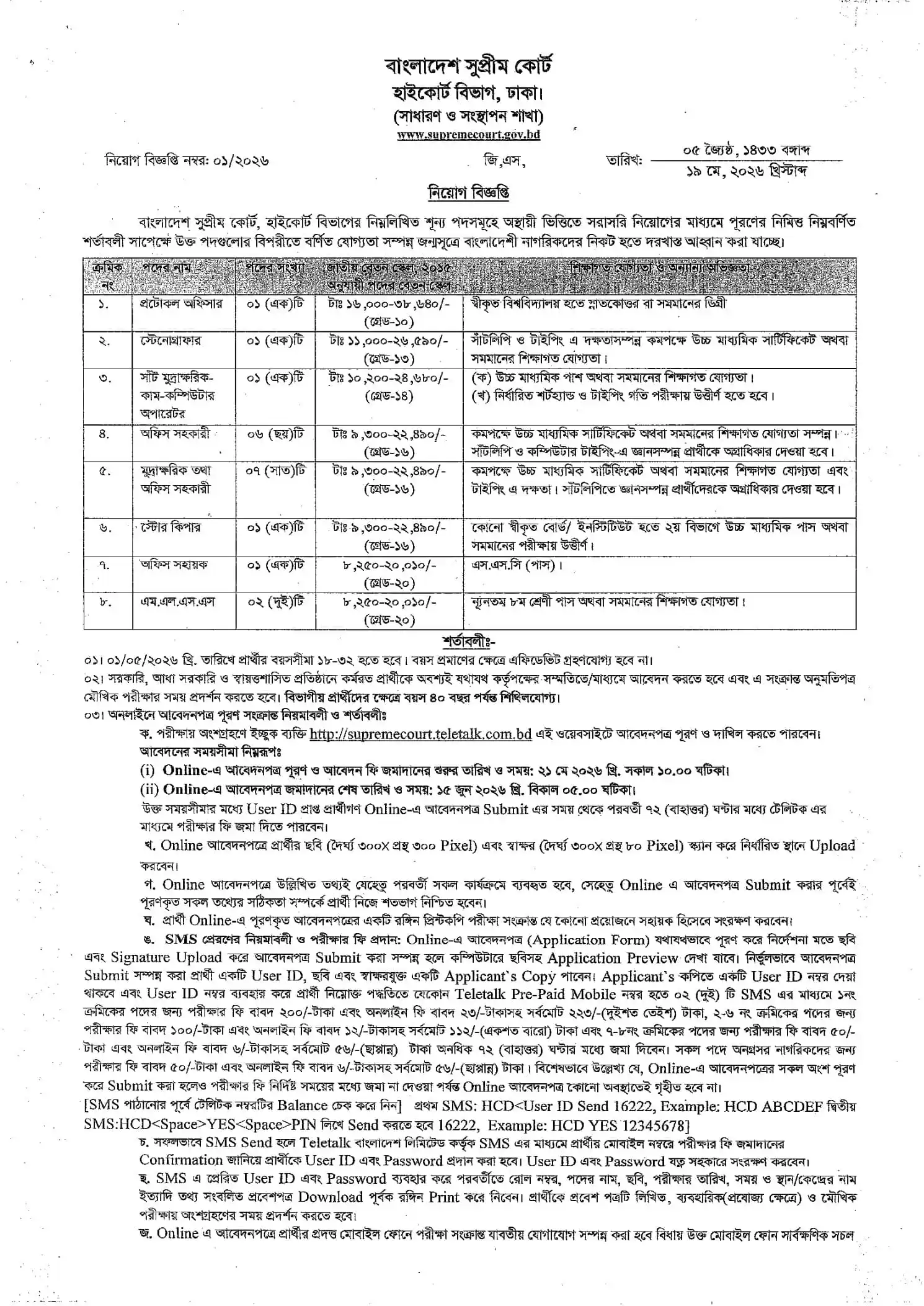Supreme Court Job Circular 2026 বাংলাদেশ সুপ্রীম কোর্ট নিয়োগ বিজ্ঞপ্তি ২০২৬। ১