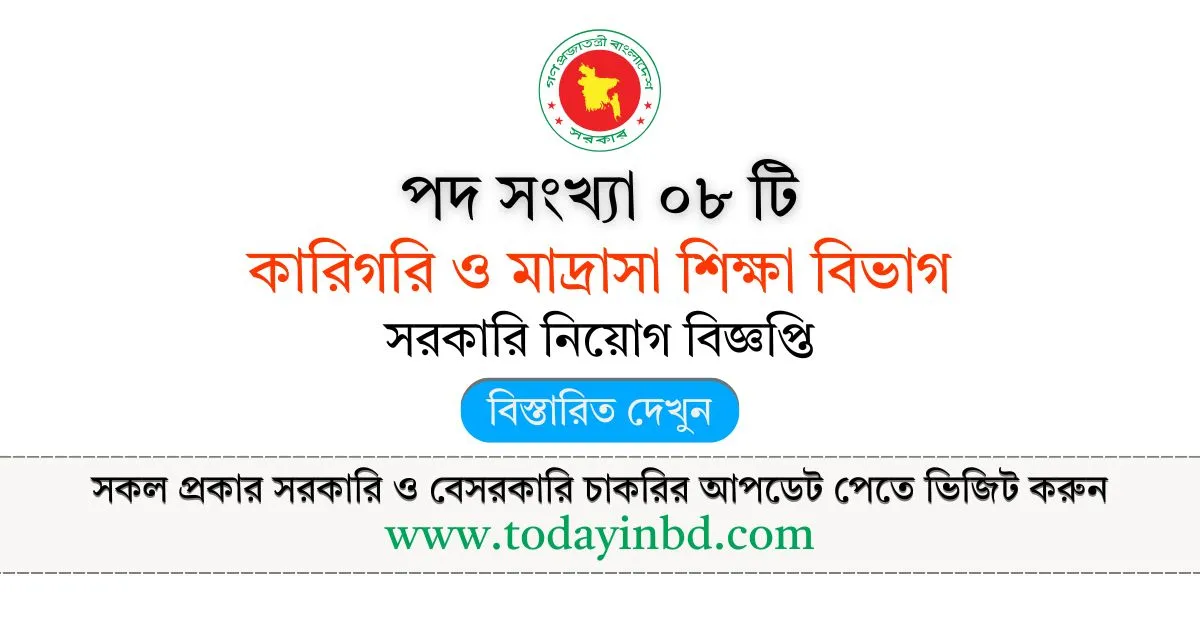 Bd Govt Job। কারিগরি ও মাদ্রাসা শিক্ষা বিভাগ নিয়োগ বিজ্ঞপ্তি।