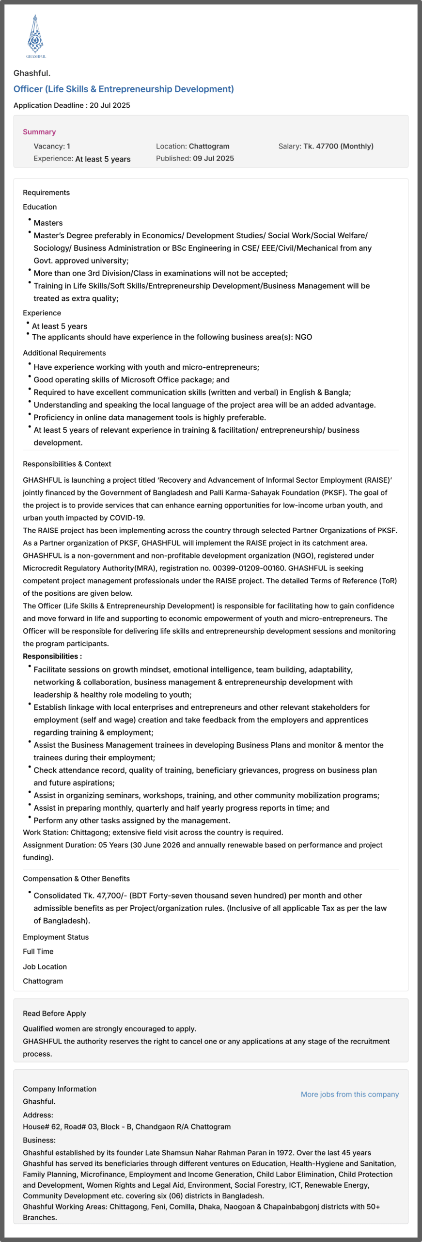 Ghashful NGO Job Circular 2025 - ঘাসফুল (GHASHFUL) ০৪ নিয়োগ বিজ্ঞপ্তি প্রকাশ। ৩