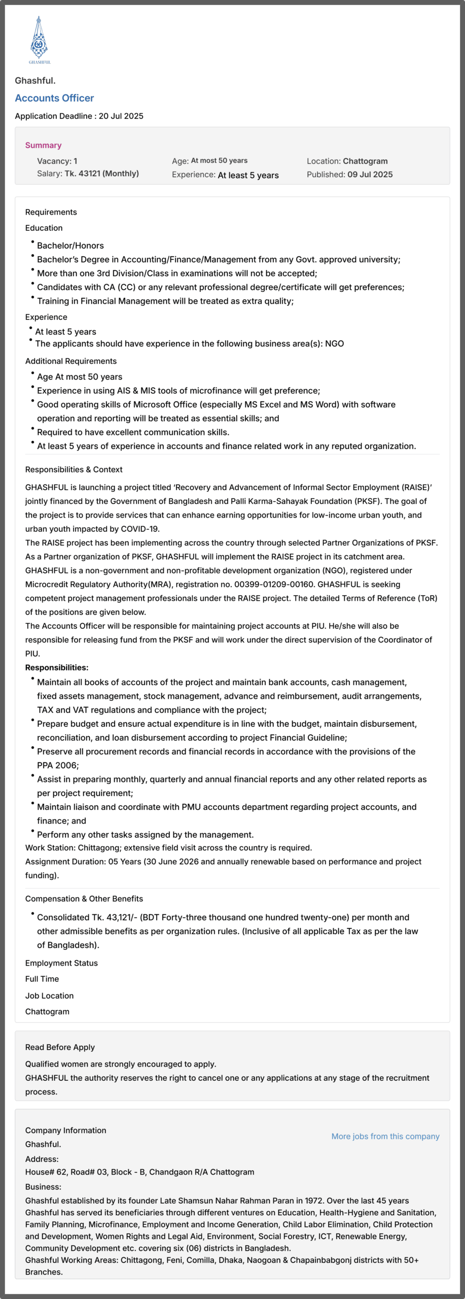 Ghashful NGO Job Circular 2025 - ঘাসফুল (GHASHFUL) ০৪ নিয়োগ বিজ্ঞপ্তি প্রকাশ। ৪