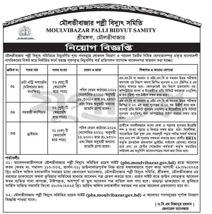 moulvibazar palli bidyut samiti job circular