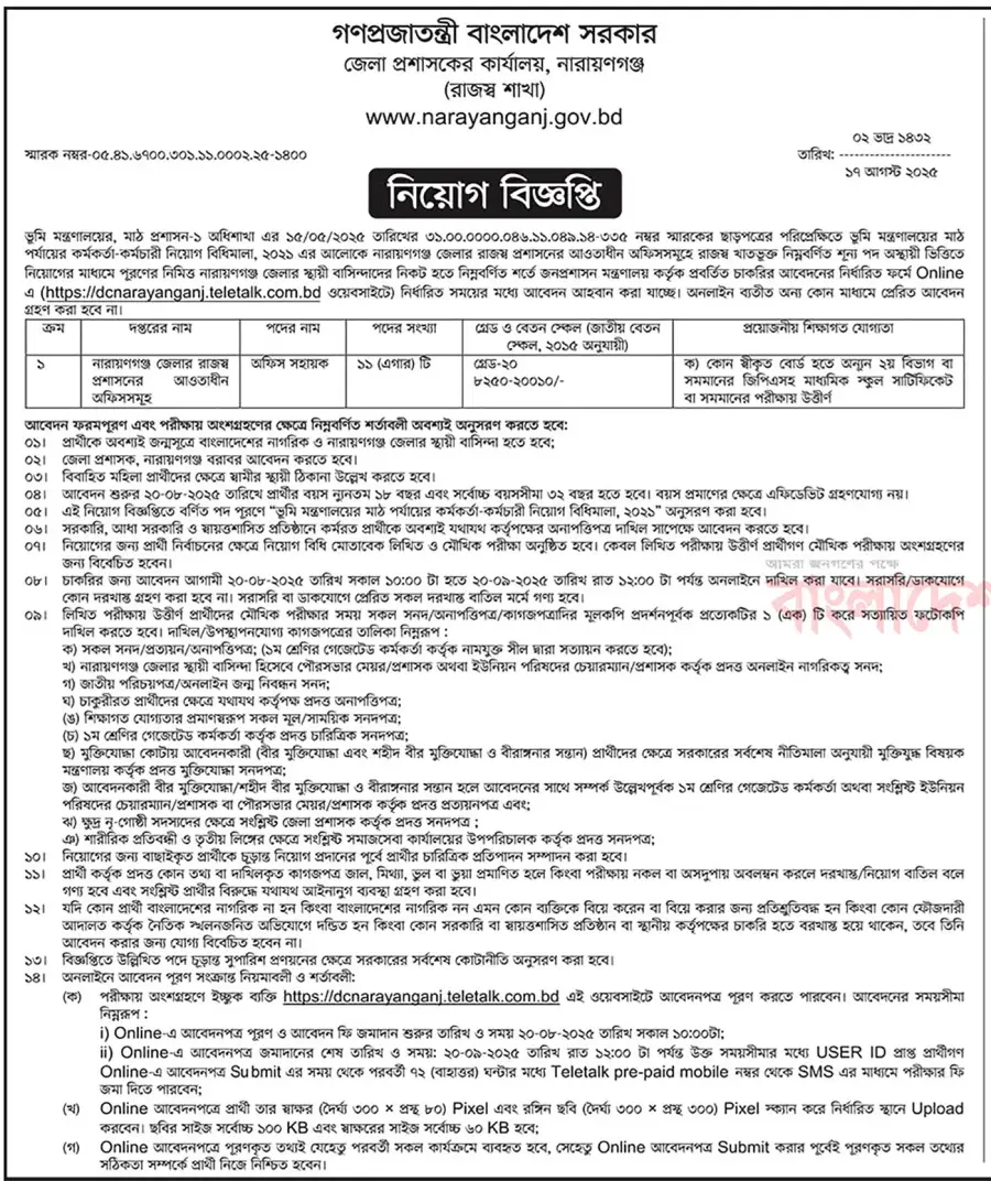 Narayanganj DC Office Job Circular 2025 - নারায়ণগঞ্জ জেলা প্রশাসকের কার্যালয় নিয়োগ। ১