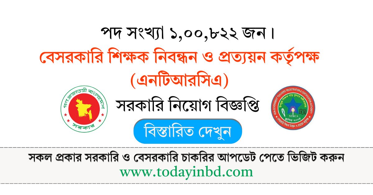 NTRCA Job Circular 2025। বেসরকারি শিক্ষক নিবন্ধন ও প্রত্যয়ন কর্তৃপক্ষ  ১,০০,৮২২ জন নিয়োগ।