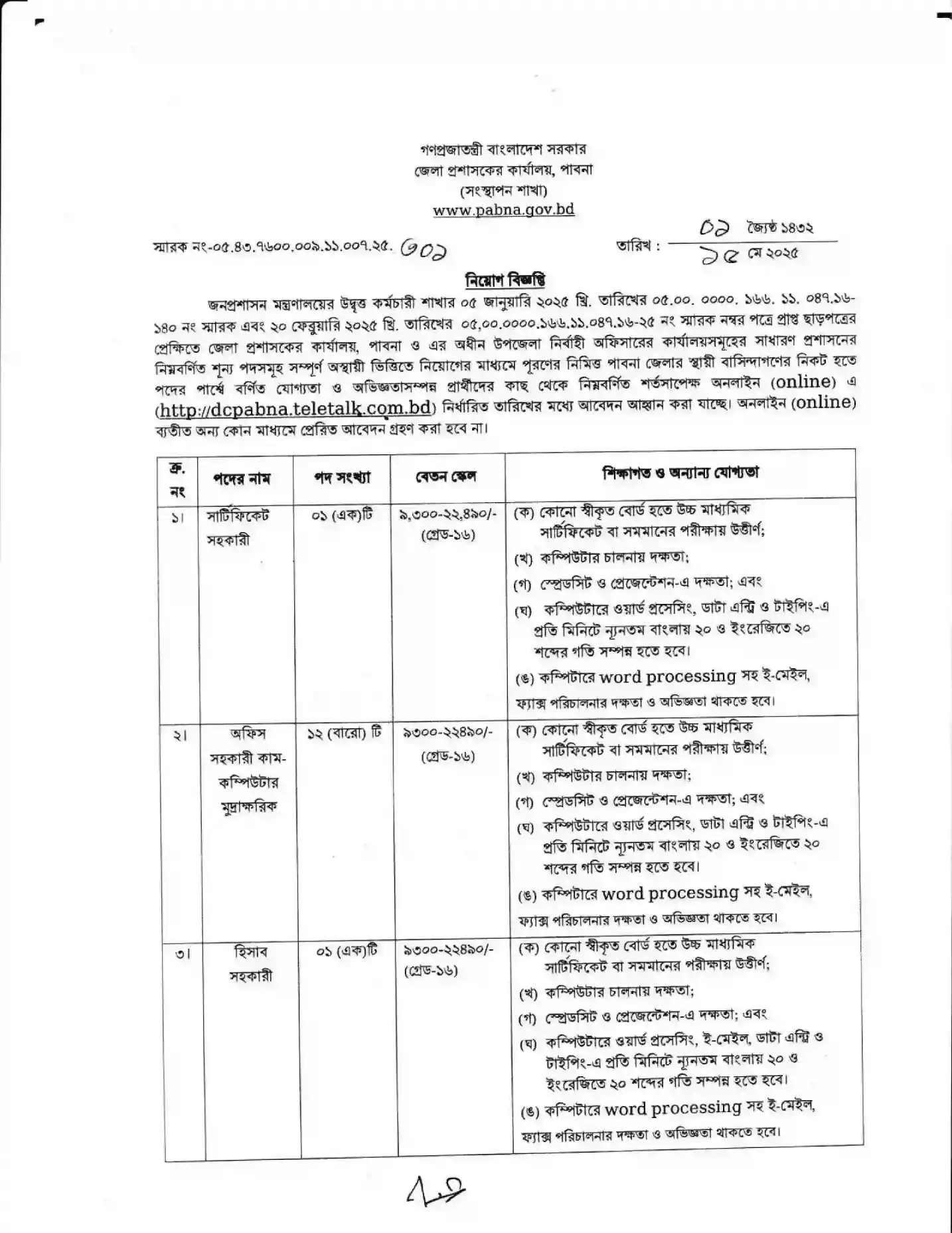 pabna district commissioner office job circular 1