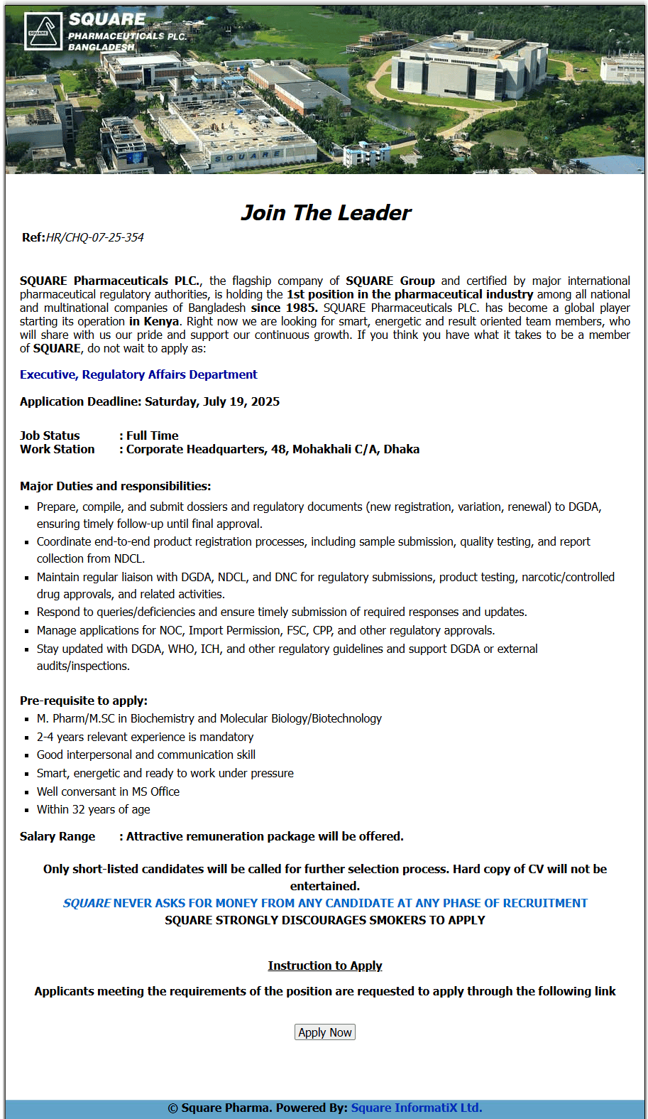 SQUARE Pharmaceuticals PLC Job - স্কয়ার ফার্মাসিউটিক্যালস পিএলসি নিয়োগ বিজ্ঞপ্তি ২০২৫। 1