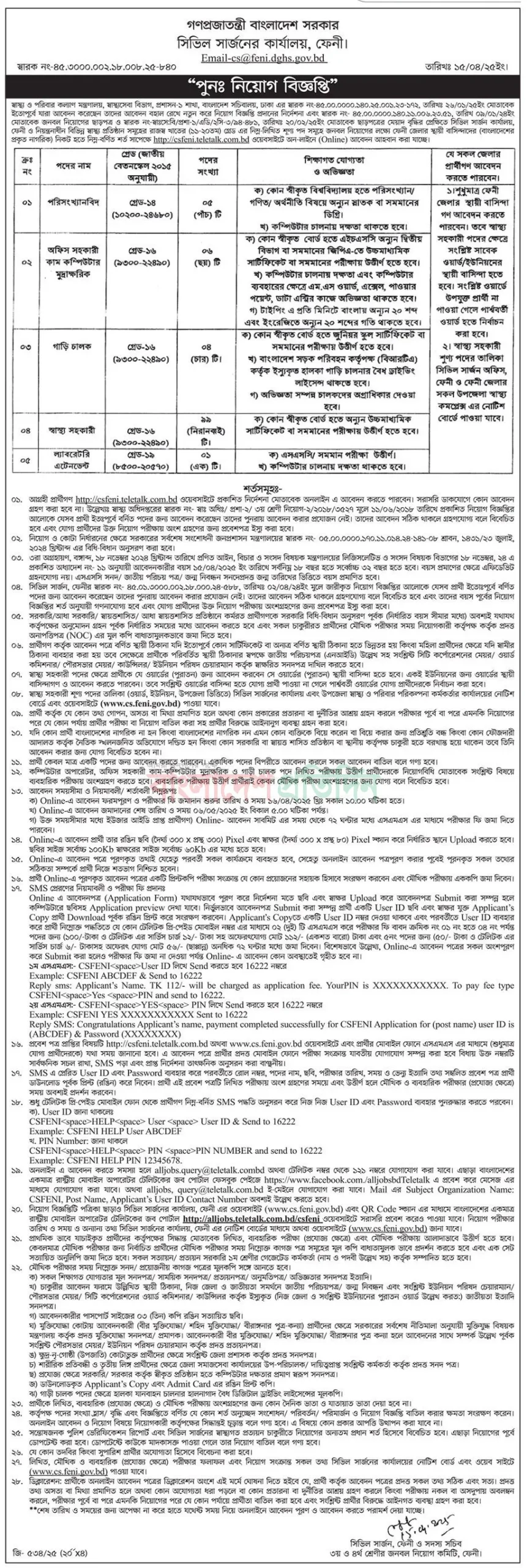 ফেনী সিভিল সার্জনের কার্যালয় নিয়োগ পদ ১১৫ টি। CS Feni Job Circular 2025।