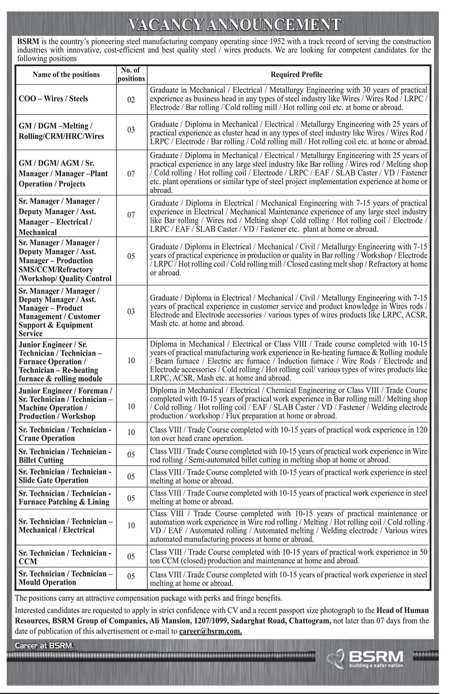 বিএসআরএম স্টিলস লিমিটেড নিয়োগ পদ ৯২ টি। BSRM Job Circular 2025। ১