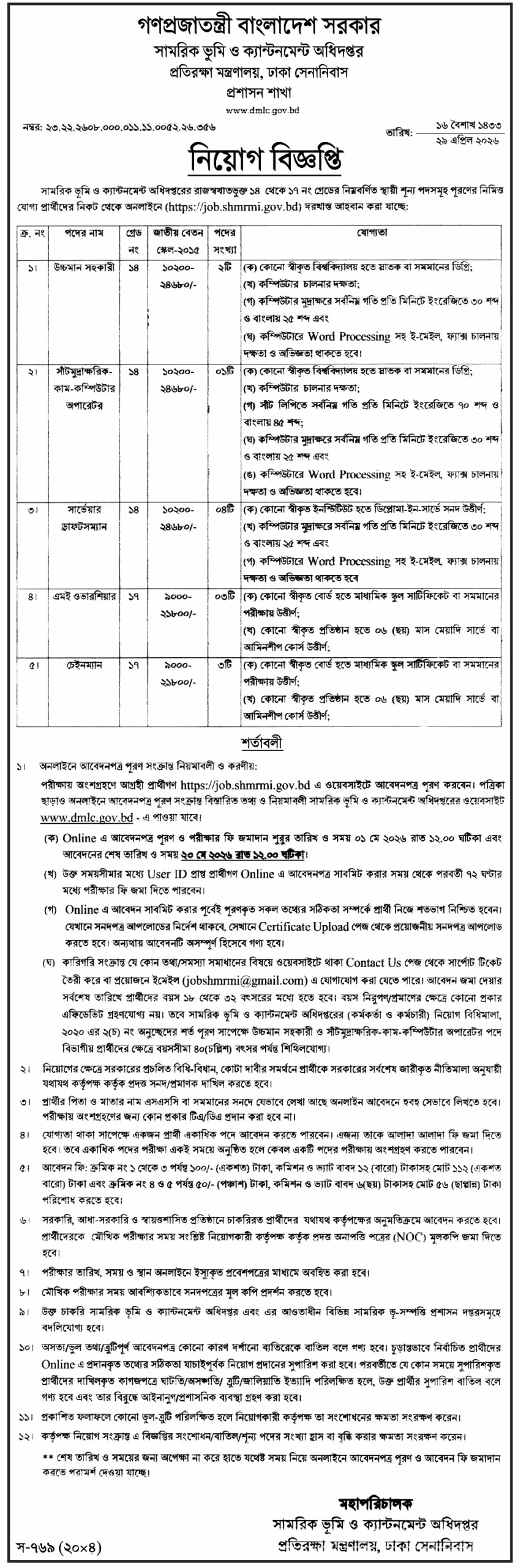 সামরিক ভূমি ও ক্যান্টনমেন্ট অধিদপ্তর নিয়োগ বিজ্ঞপ্তি ২০২৬ BD jobs in bangladesh। ১ scaled