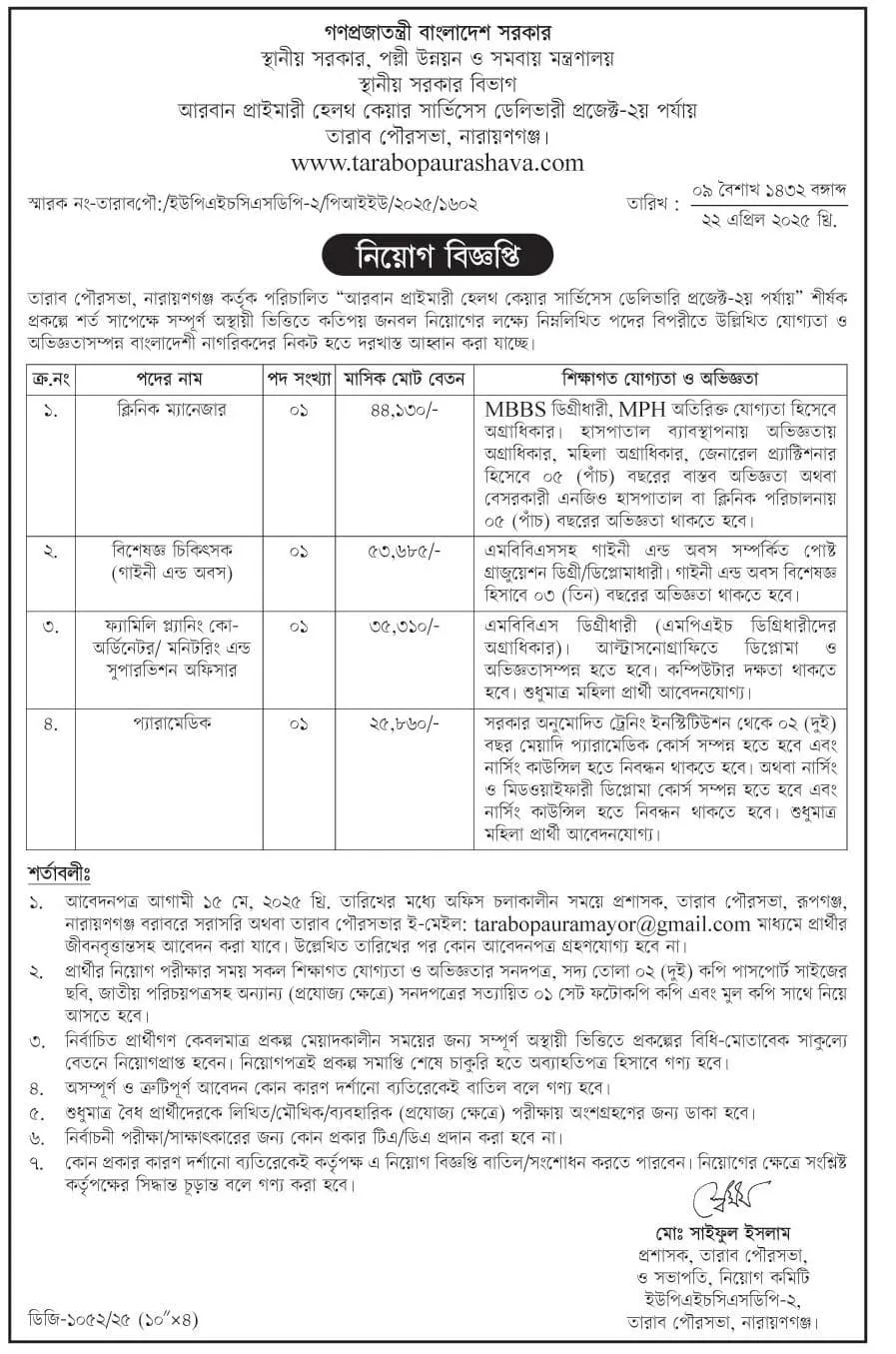 স্থানীয় সরকার নিয়োগ বিজ্ঞপ্তি ২০২৫। জেলার চাকরির খবর। ২